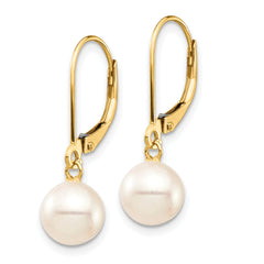 10k 7-8mm White Round Freshwater Cultured Pearl Leverback Earrings