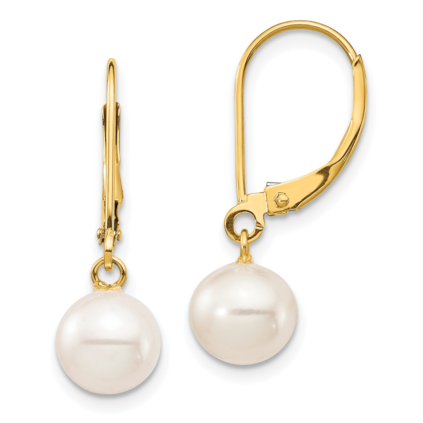 10k 7-8mm White Round Freshwater Cultured Pearl Leverback Earrings