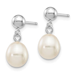 10k White Gold 6-7mm White Rice Freshwater Cultured Pearl Dangle Post Earrings