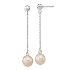 10k White Gold 7-8mm White Round Freshwater Cultured Pearl Dangle Post Earrings