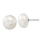 10k White Gold 11-12mm White Button Freshwater Cultured Pearl Stud Post Earrings