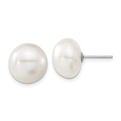10k White Gold 11-12mm White Button Freshwater Cultured Pearl Stud Post Earrings