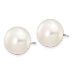 10k White Gold 12-13mm White Button Freshwater Cultured Pearl Stud Post Earrings