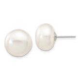 10k White Gold 12-13mm White Button Freshwater Cultured Pearl Stud Post Earrings