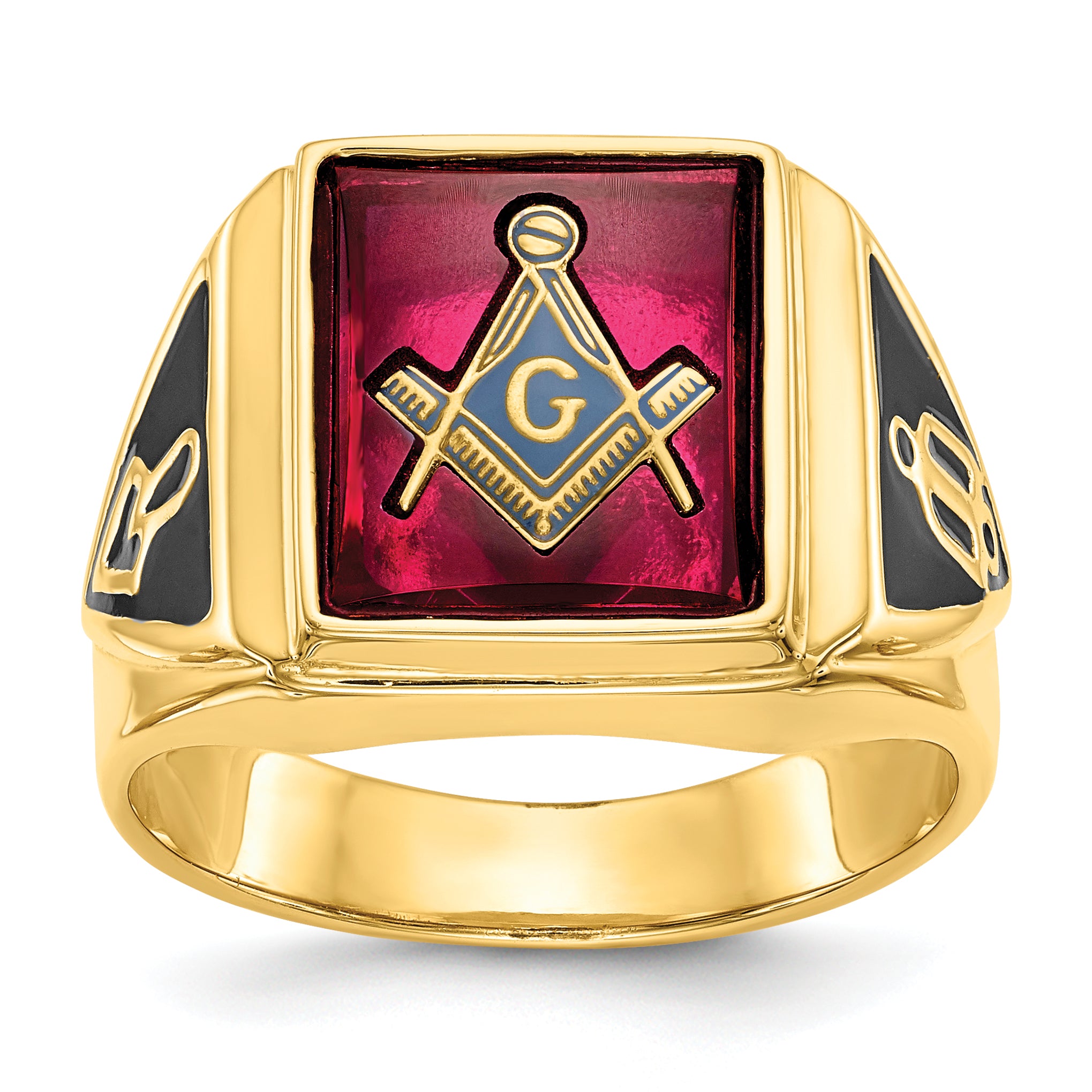 10k Men's Polished and Textured with Black Enamel and Lab Created Ruby Masonic Ring