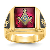 10k Men's Polished and Textured with Black Enamel and Lab Created Ruby Masonic Ring
