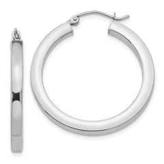 10k White Gold 3mm Polished Square Tube Hoop Earrings