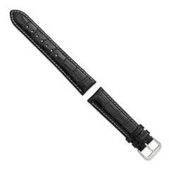 12mm Black Crocodile Grain Leather with White Stitching and Silver-tone Buckle 6.75 inch Watch Band