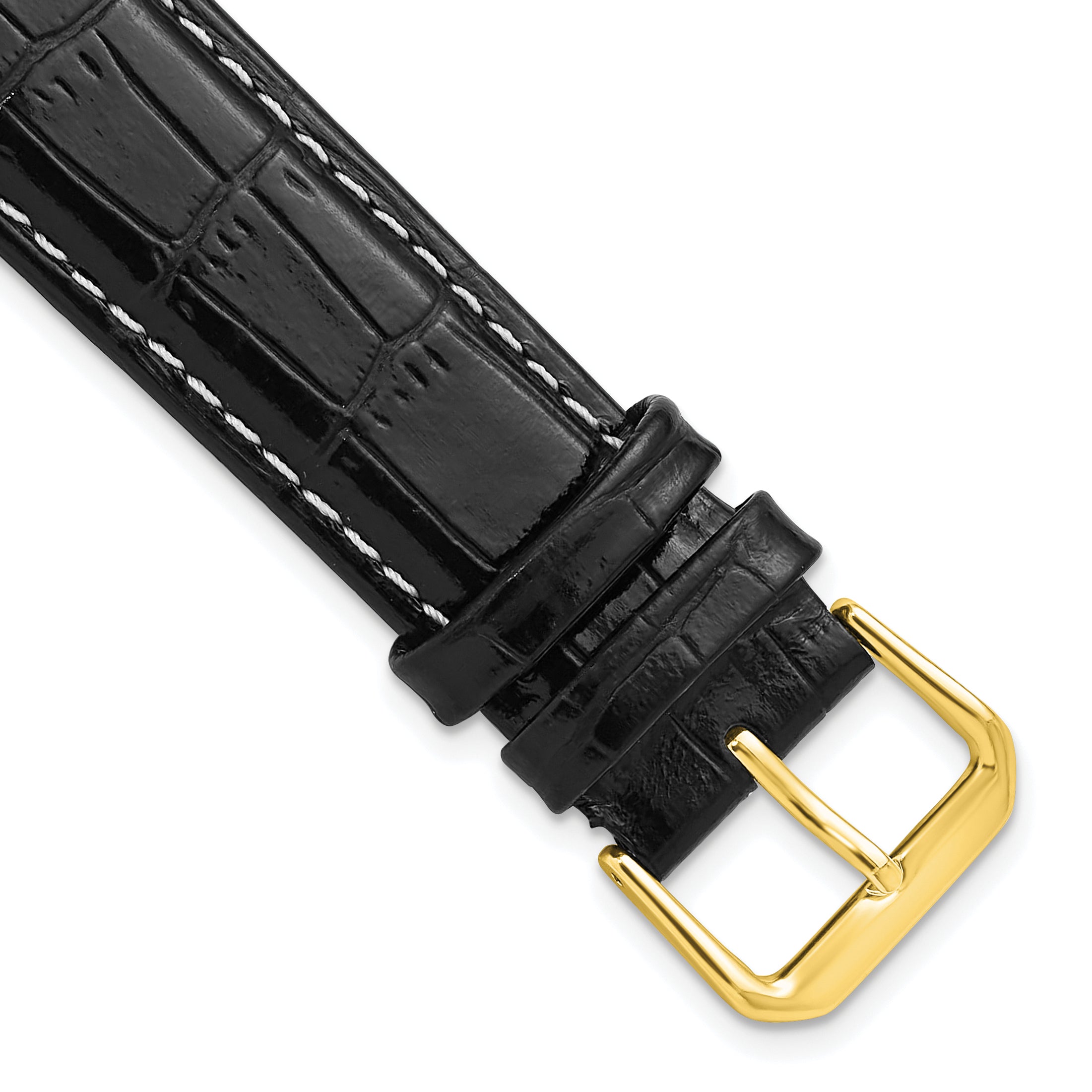 12mm Black Crocodile Grain Leather with White Stitching and Gold-tone Buckle 6.75 inch Band