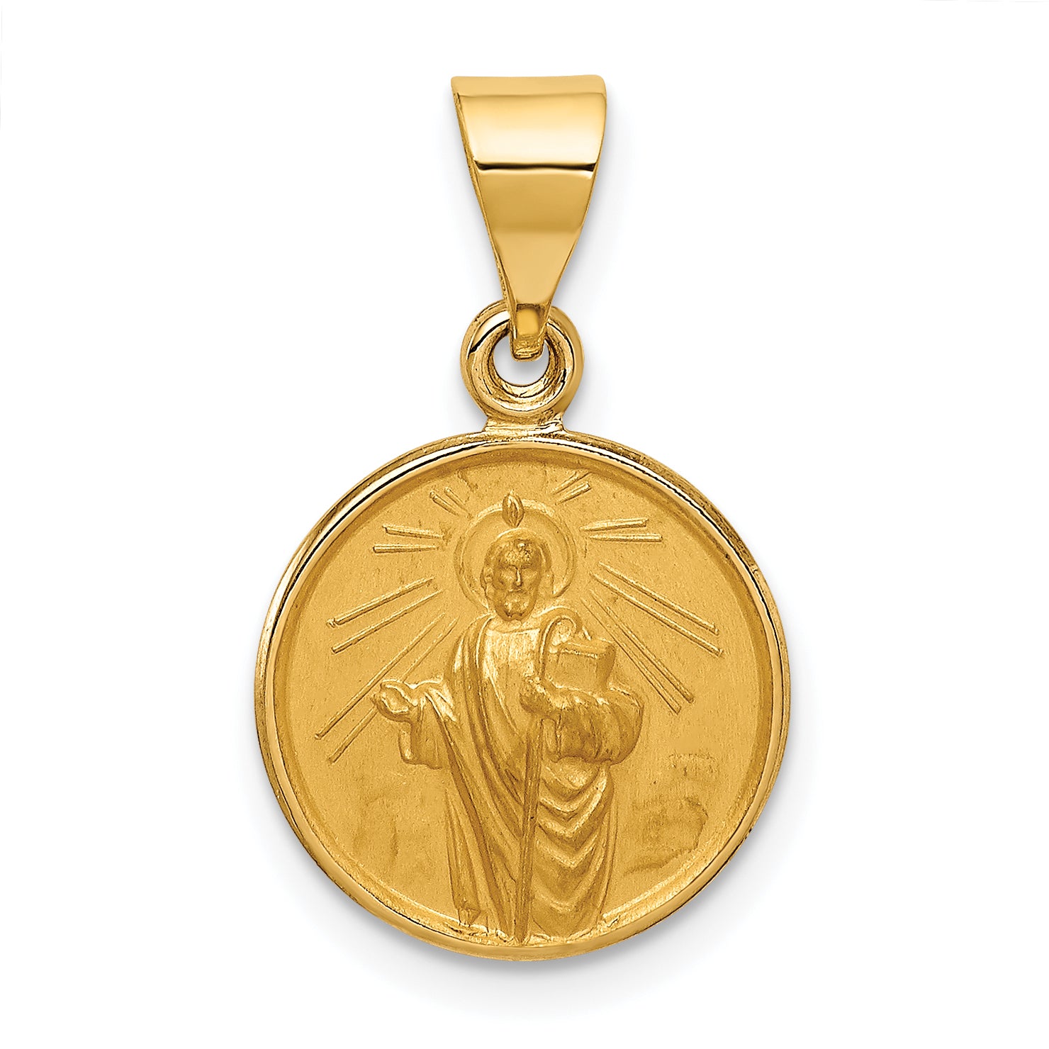 18K Polished and Satin Solid Saint Jude Thaddeus Medal Round Pendant
