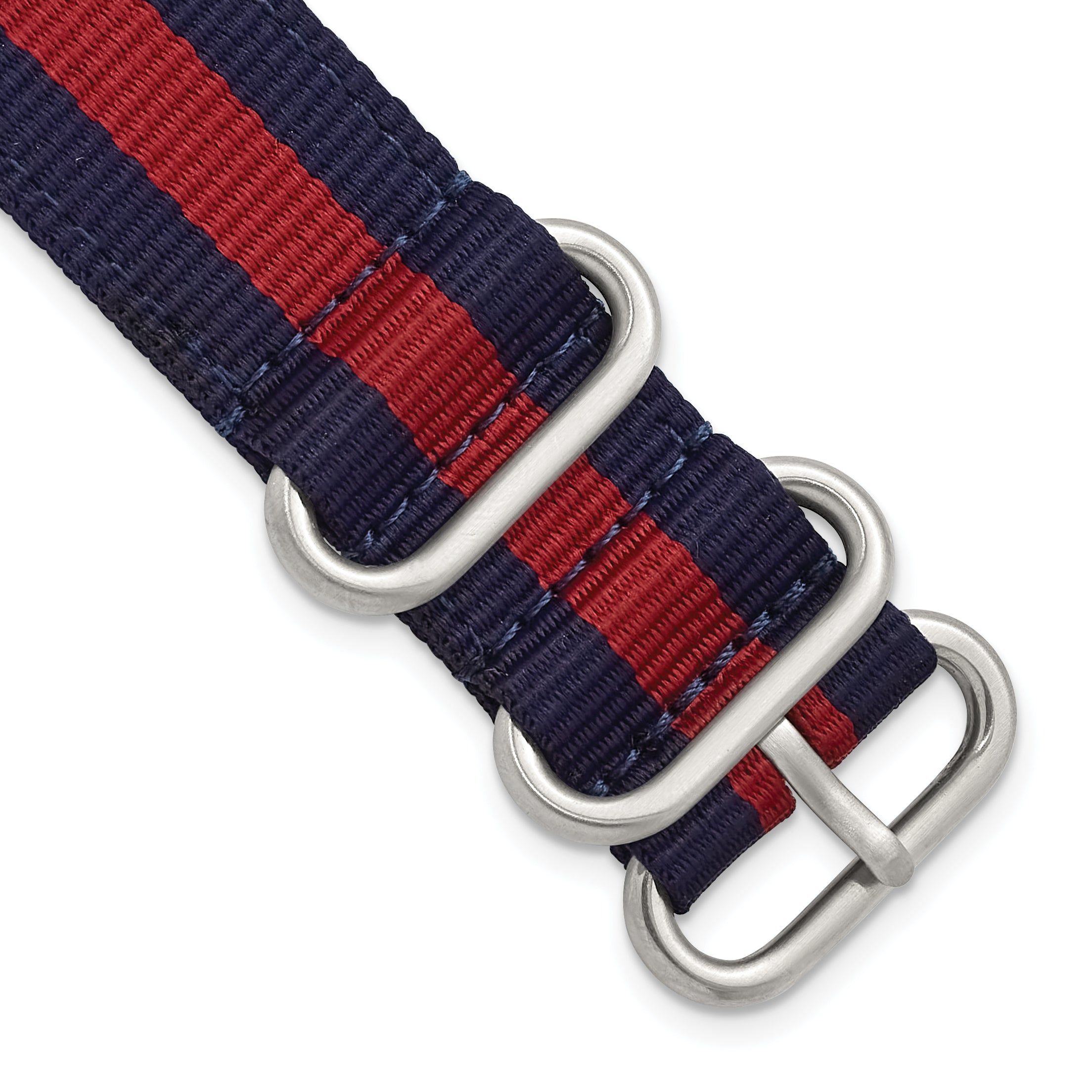 20mm Two-Piece Navy with Red Stripe Nylon Strap with Brushed Stainless Steel Buckle and Quick Release Spring Bars 8.5 inch Watch Band