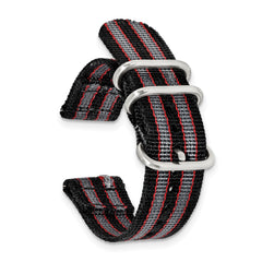 18mm Two-Piece Black with Grey and Red Stripes Nylon Strap with Brushed Stainless Steel Buckle and Quick Release Spring Bars 8.5 inch Watch Band