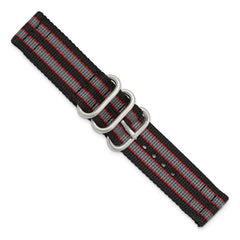 18mm Two-Piece Black with Grey and Red Stripes Nylon Strap with Brushed Stainless Steel Buckle and Quick Release Spring Bars 8.5 inch Watch Band