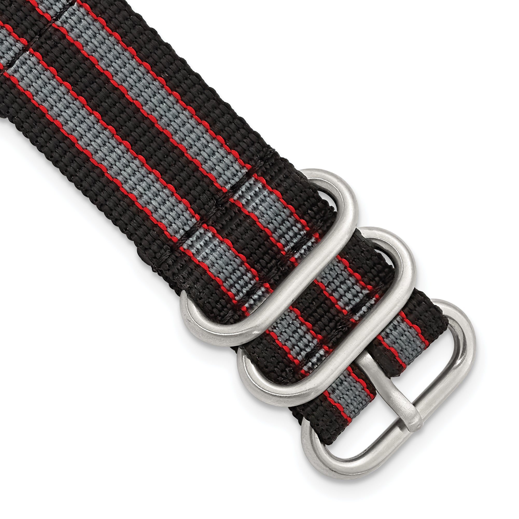 18mm Two-Piece Black with Grey and Red Stripes Nylon Strap with Brushed Stainless Steel Buckle and Quick Release Spring Bars 8.5 inch Watch Band