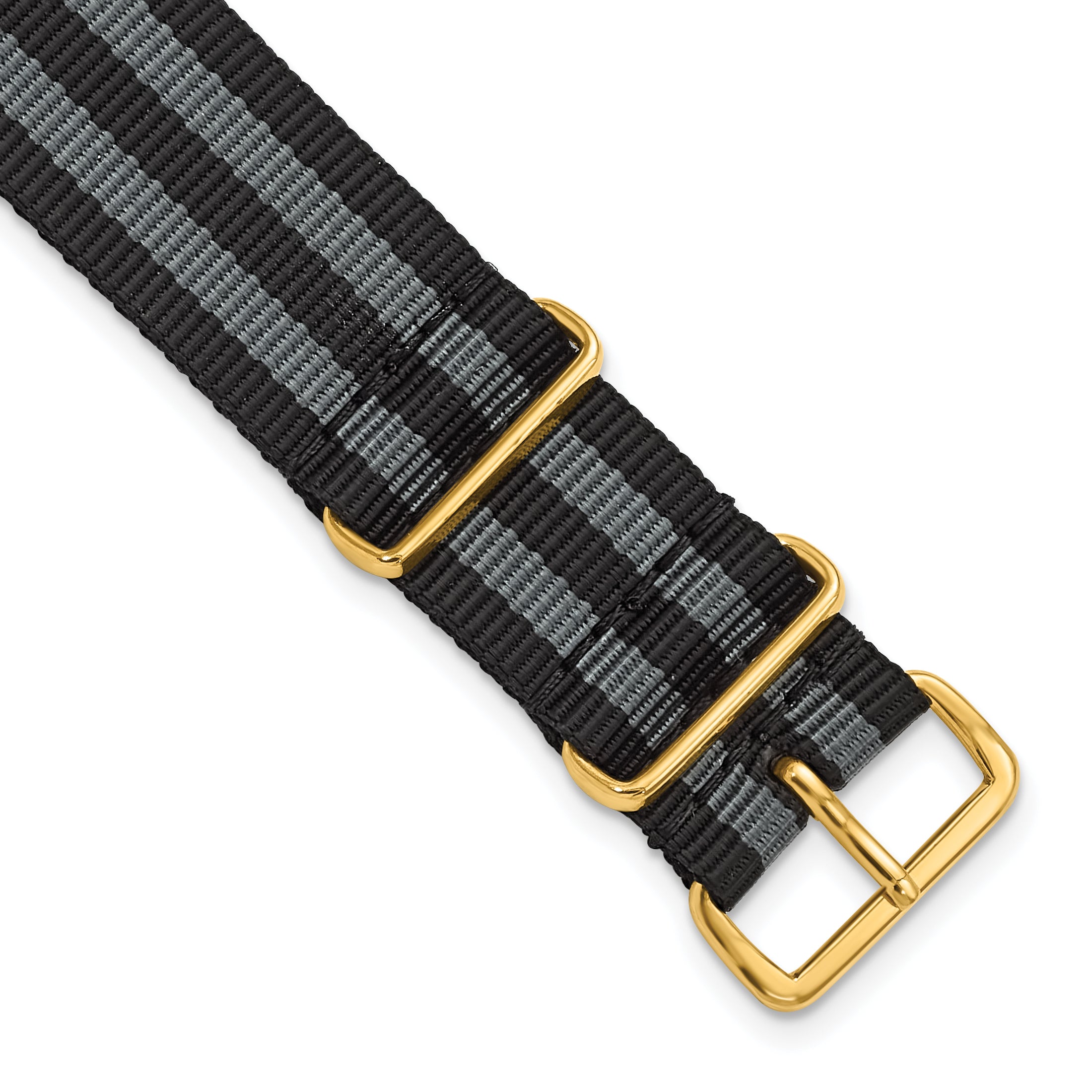 18mm One-Piece Black and Grey Striped Military Ballistic G10 Nylon with Gold-tone Buckle 10.75 inch Watch Band