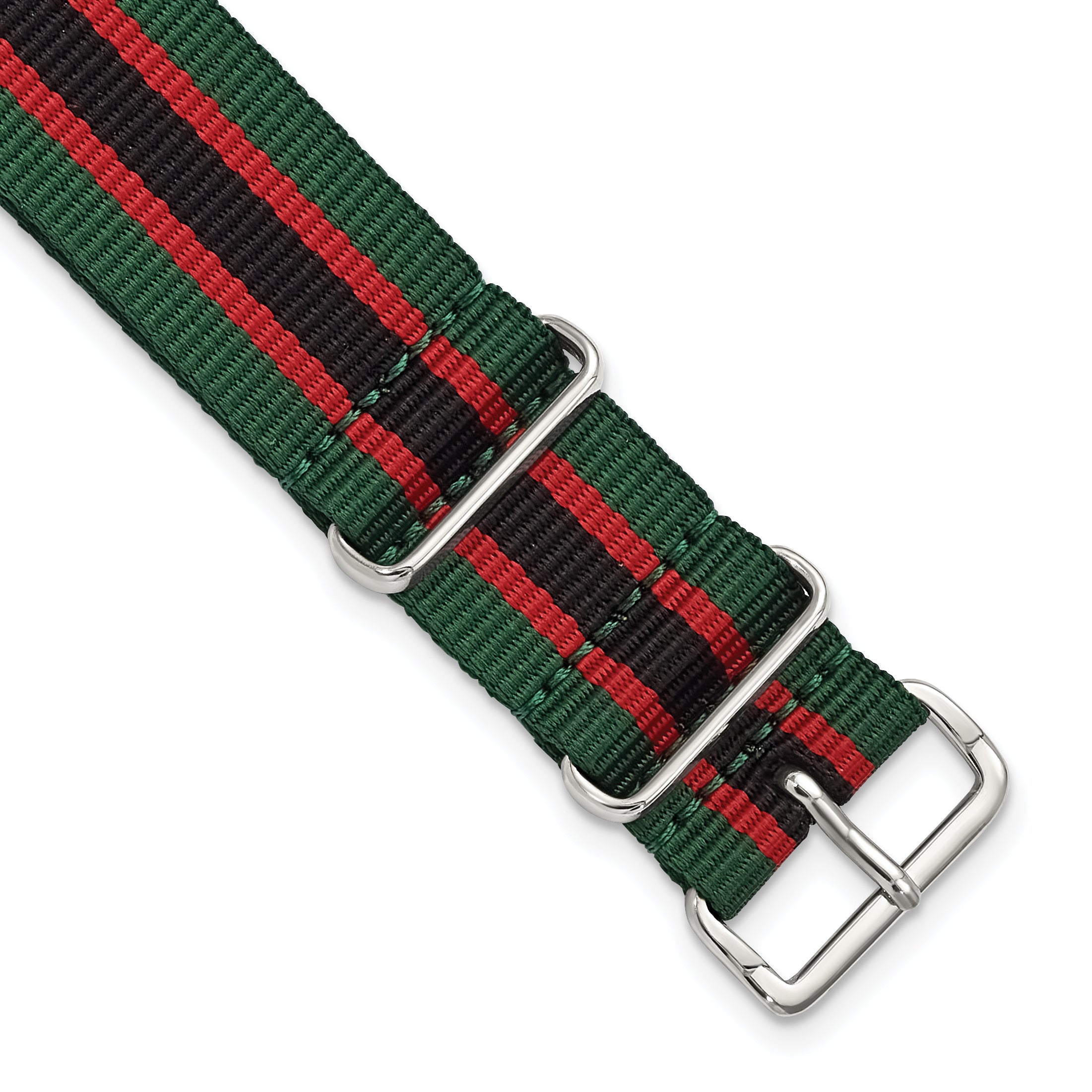 18mm One-Piece Green, Black and Red Striped Military Ballistic G10 Nylon with Silver-tone Buckle 10.75 inch Watch Band