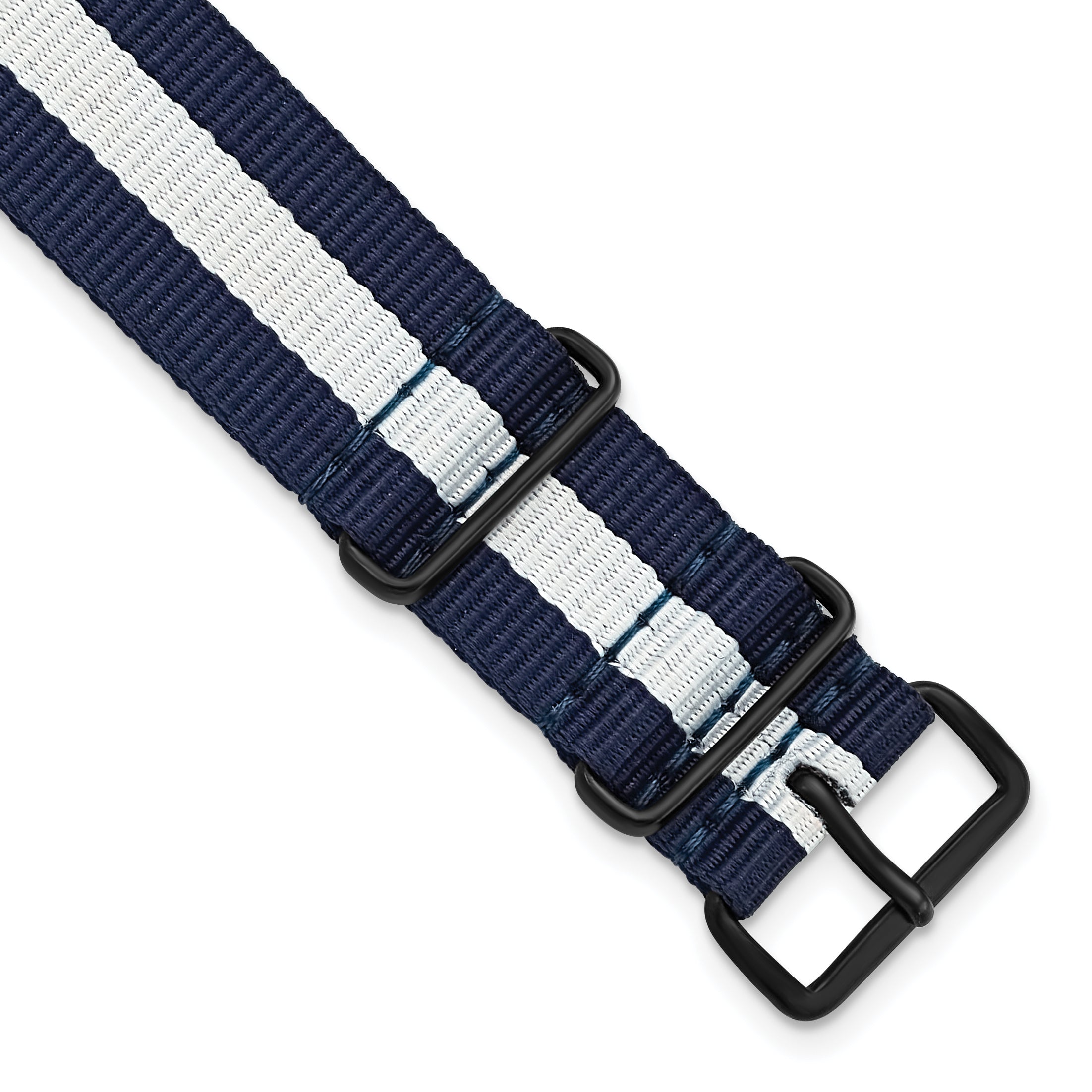 18mm One-Piece Navy with White Stripe Military Ballistic G10 Nylon with Black PVD-plated Buckle 10.75 inch Watch Band