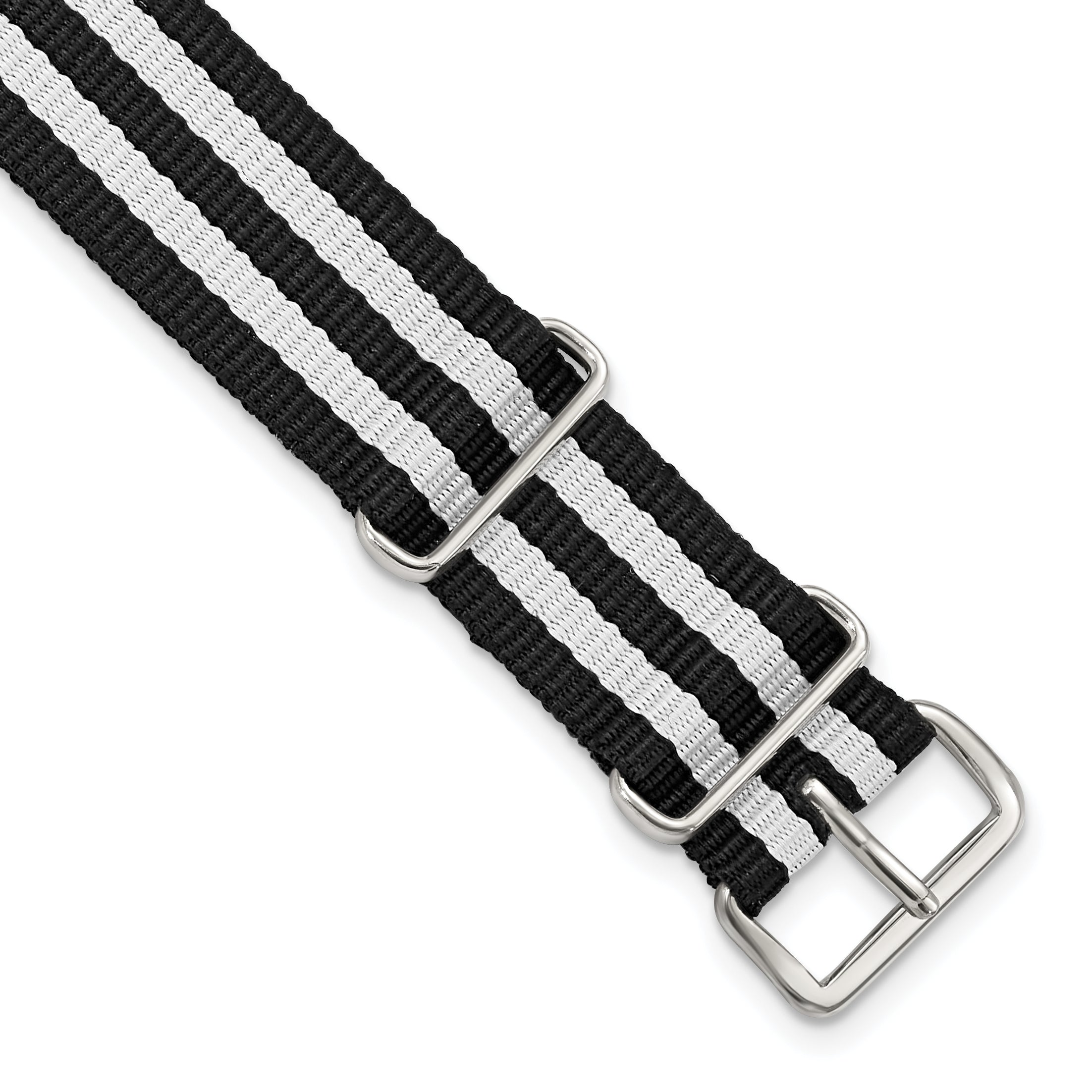 18mm One-Piece Black and White Striped Military Ballistic G10 Nylon with Silver-tone Buckle 10.75 inch Watch Band