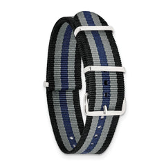 20mm One-Piece Black, Grey and Navy Striped Military Ballistic G10 Nylon with Silver-tone Buckle 10.75 inch Watch Band