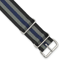 20mm One-Piece Black, Grey and Navy Striped Military Ballistic G10 Nylon with Silver-tone Buckle 10.75 inch Watch Band