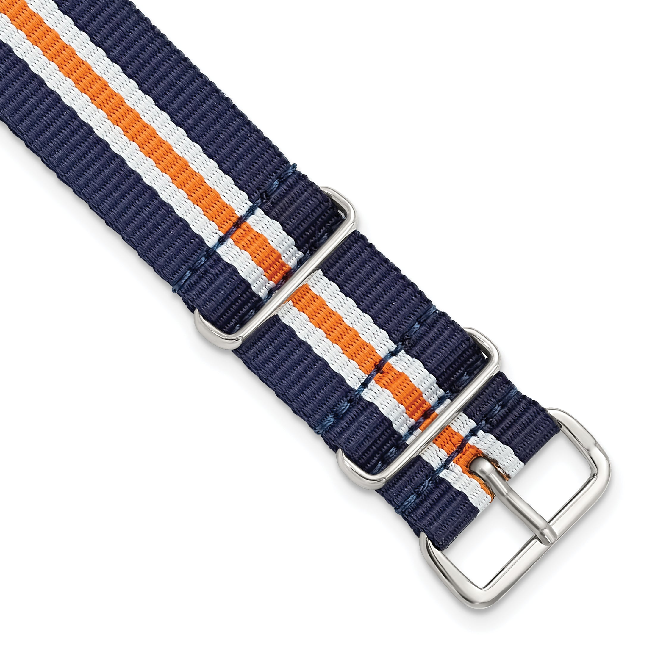 18mm One-Piece Navy, Orange and White Striped Military Ballistic G10 Nylon with Silver-tone Buckle 10.75 inch Watch Band