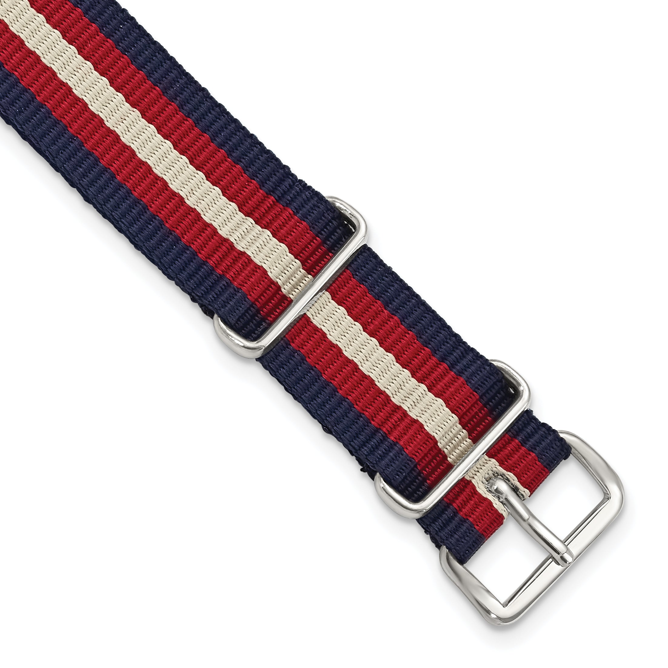 18mm One-Piece Navy, Red and Beige Striped Military Ballistic G10 Nylon with Silver-tone Buckle 10.75 inch Watch Band