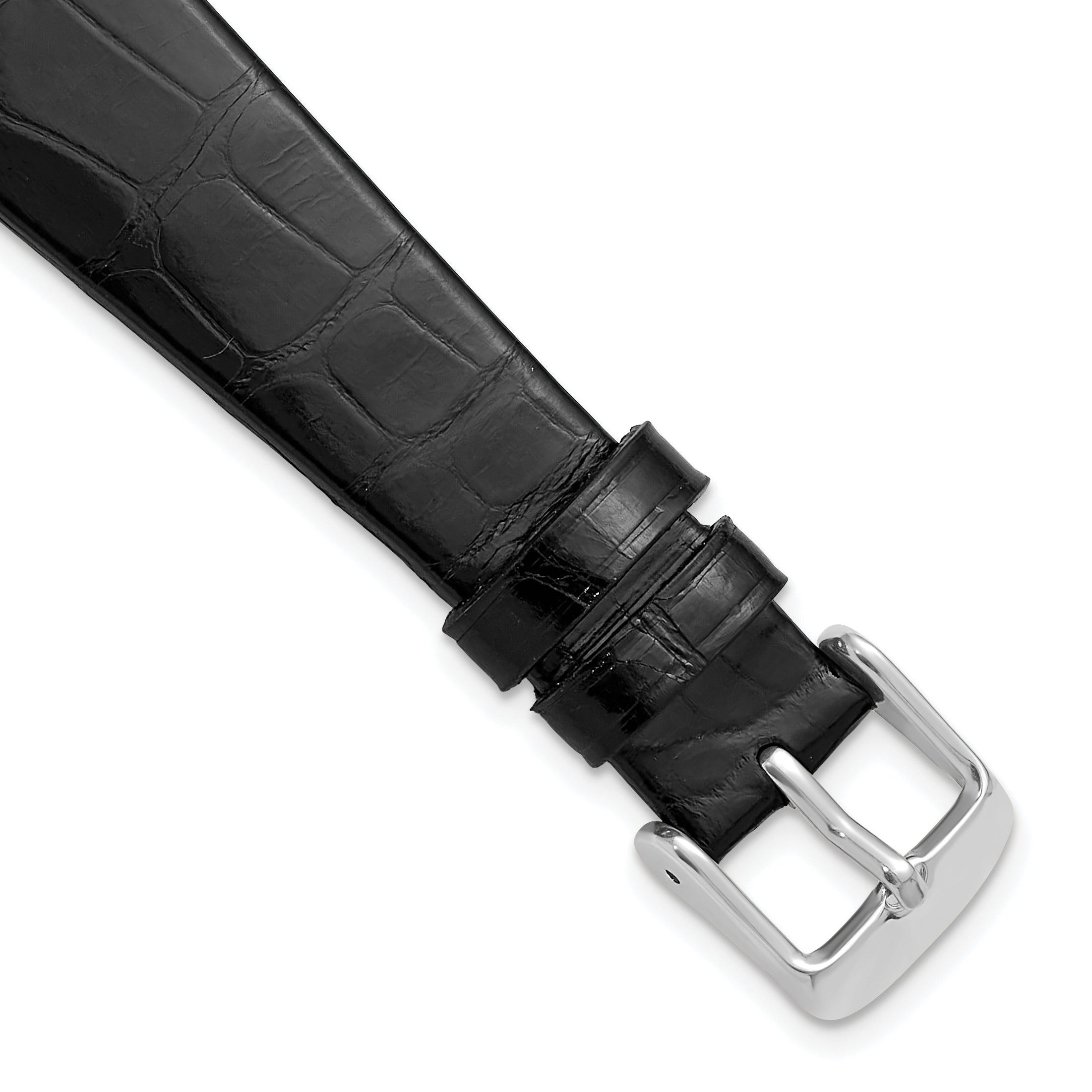 18mm Black Flat Genuine Louisiana Alligator Leather with Silver-tone Buckle 7.5 inch Watch Band