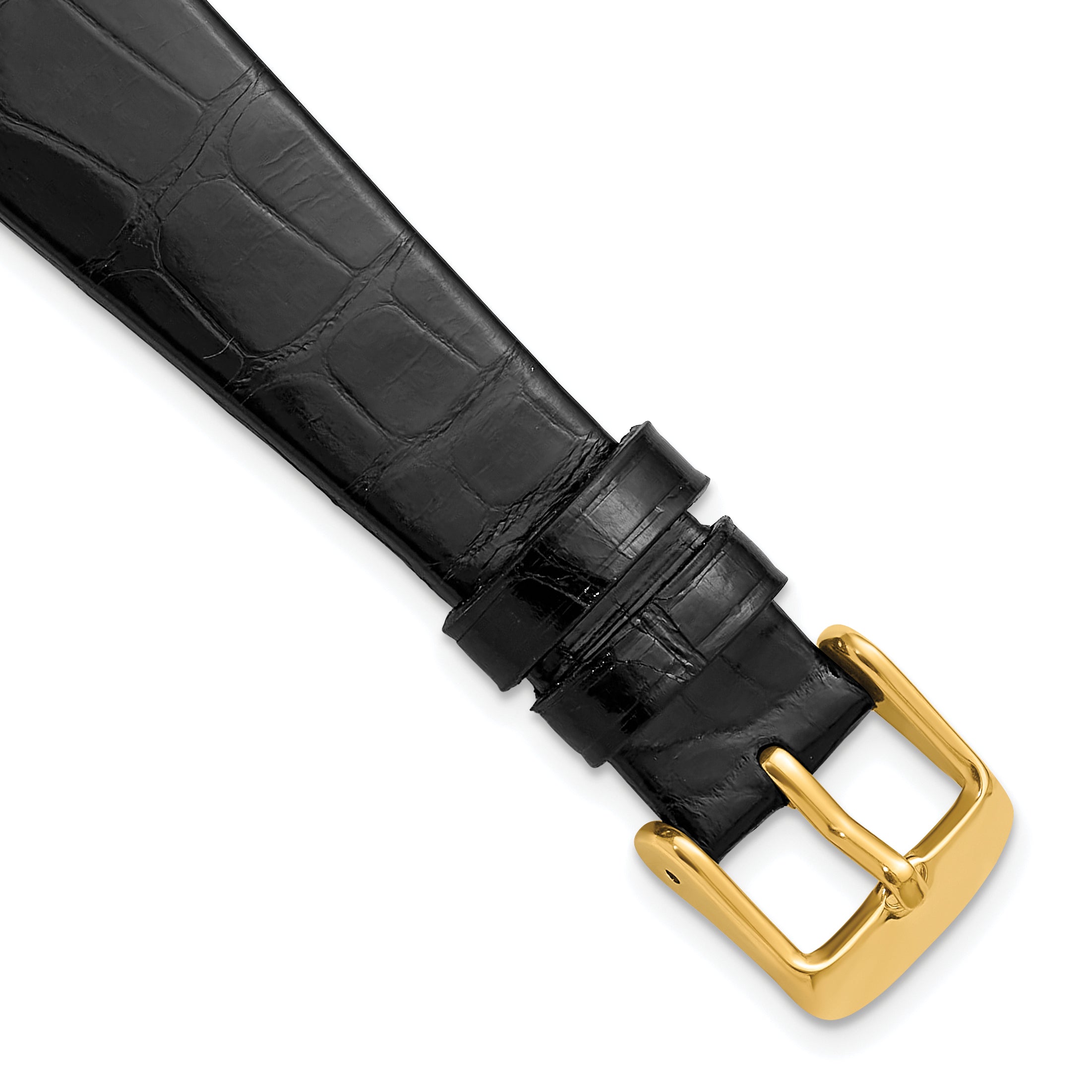 18mm Black Flat Genuine Louisiana Alligator Leather with Gold-tone Buckle 7.5 inch Watch Band