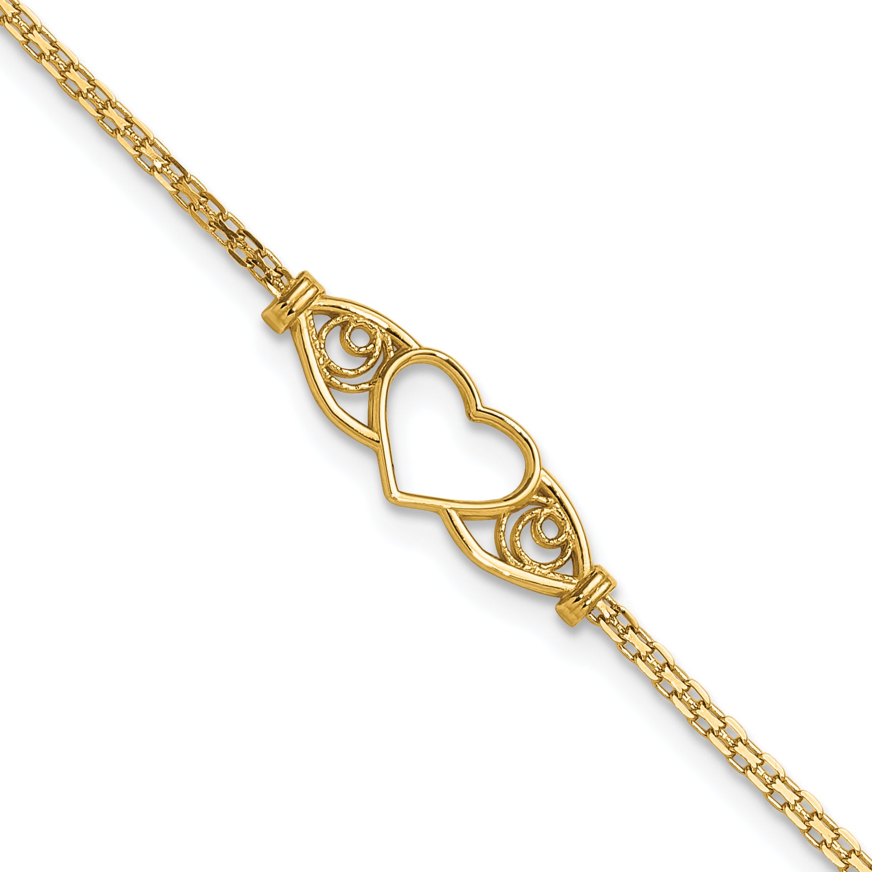 14k Polished Open Heart with Filigree and Bismark Chain 9 inch Anklet