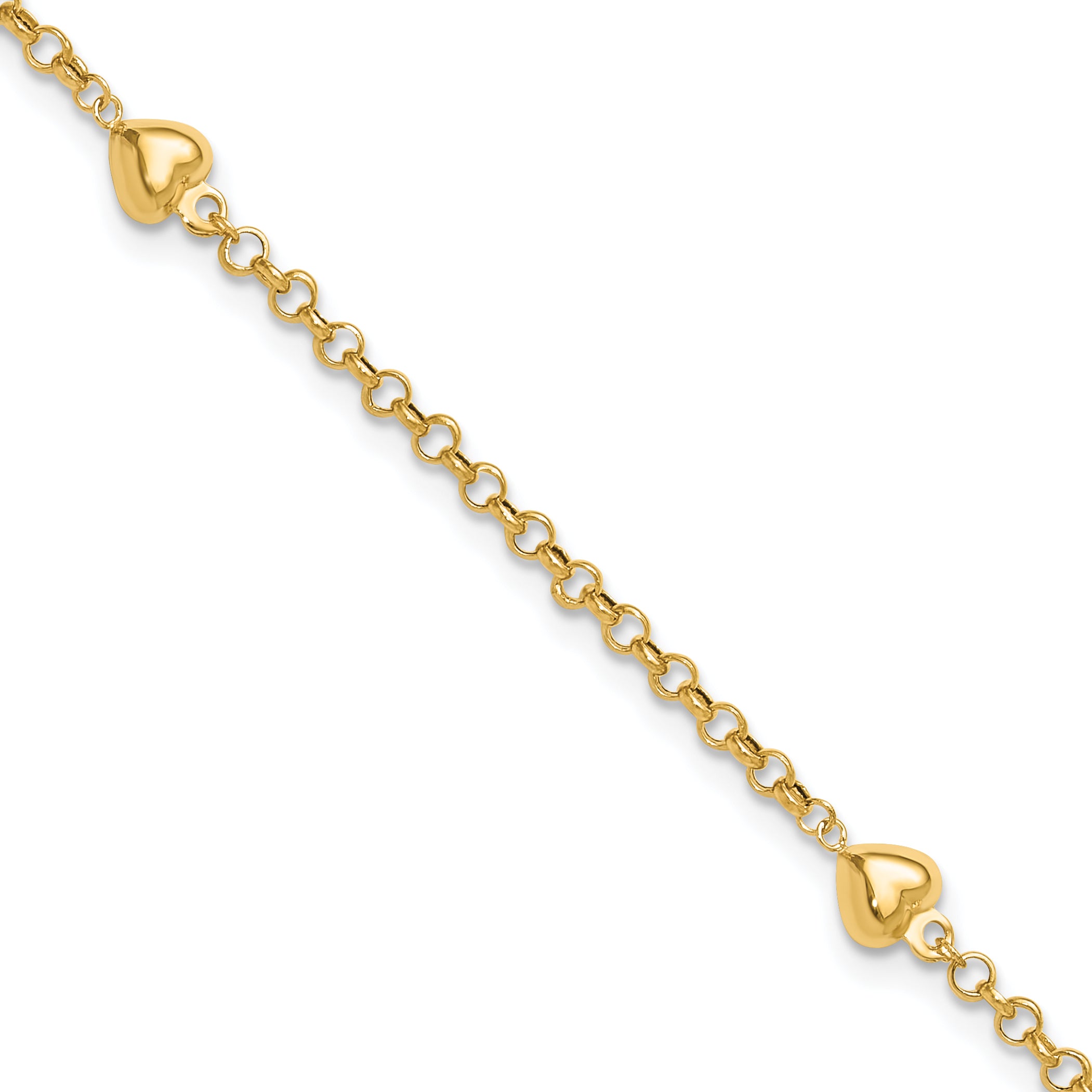 14k Polished Puffed Heart 3-Station 9 inch Anklet