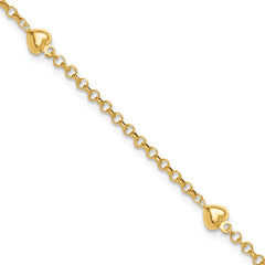 14k Polished Puffed Heart 3-Station 9 inch Anklet