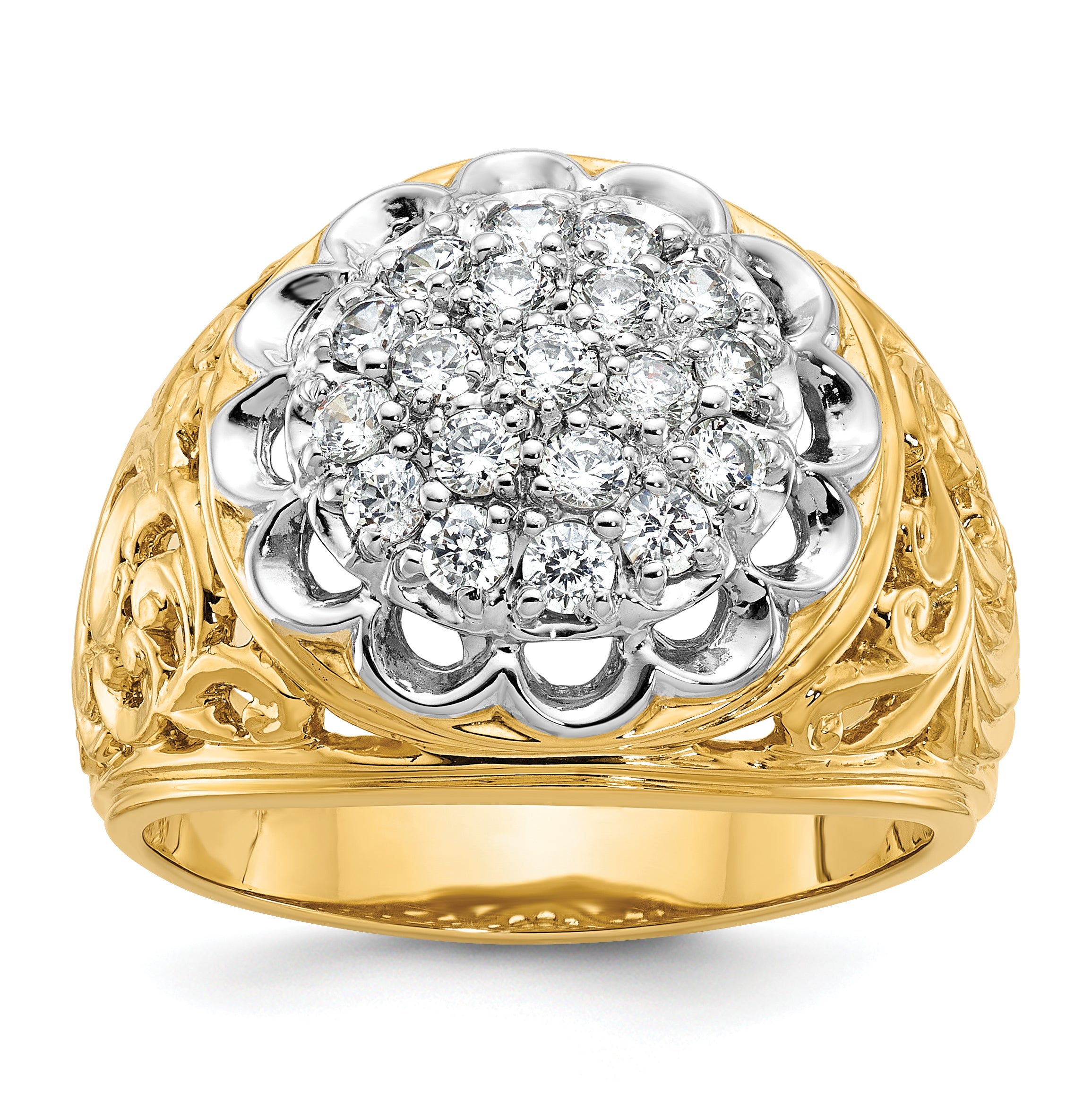 14k Two-tone Men's Polished Filigree 1 Carat Lab Grown Diamond Round Cluster Ring Mounting - Sophia Jewelers
