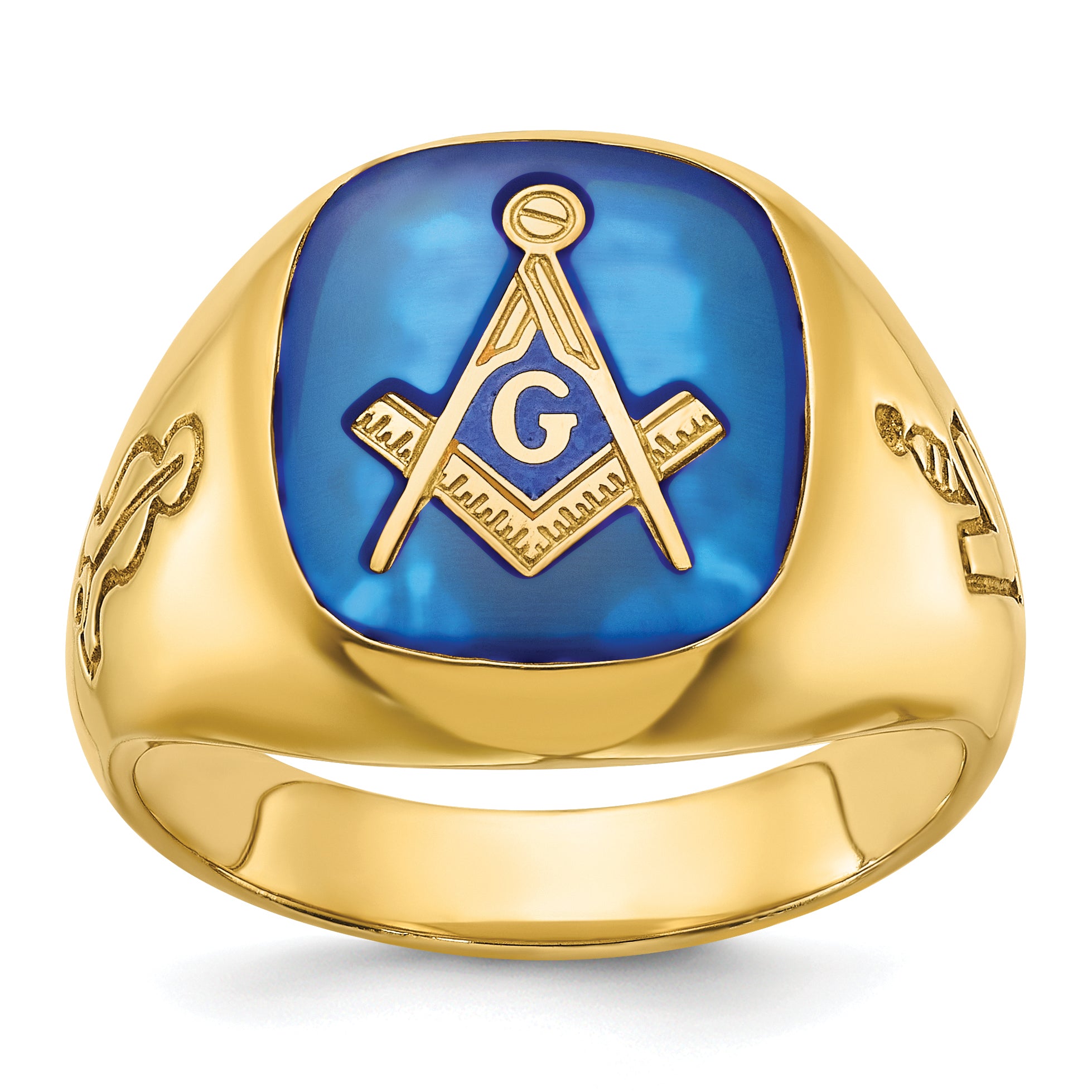 14k Men's Polished and Grooved with Lab Created Sapphire Blue Lodge Master Masonic Ring