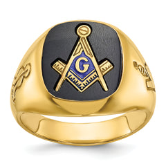 14k Men's Polished and Grooved with Onyx Blue Lodge Master Masonic Ring