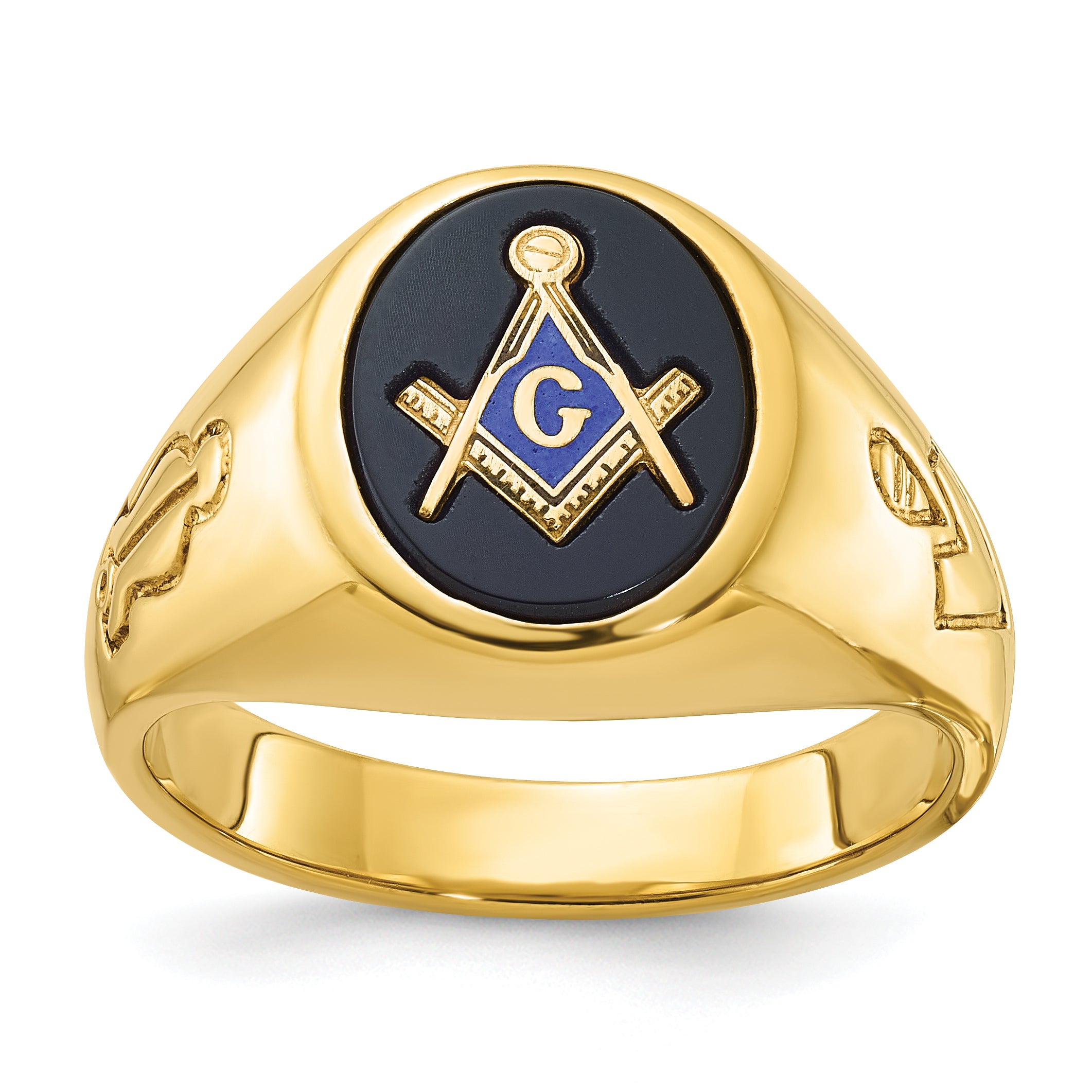 10k Men's Polished and Grooved with Oval Onyx Blue Lodge Master Masonic Ring