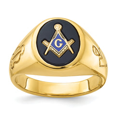 10k Men's Polished and Grooved with Oval Onyx Blue Lodge Master Masonic Ring