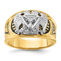 10k Two-tone Men's Polished and Textured with Black Enamel and Diamond 32nd Degree Scottish Rite Masonic Ring