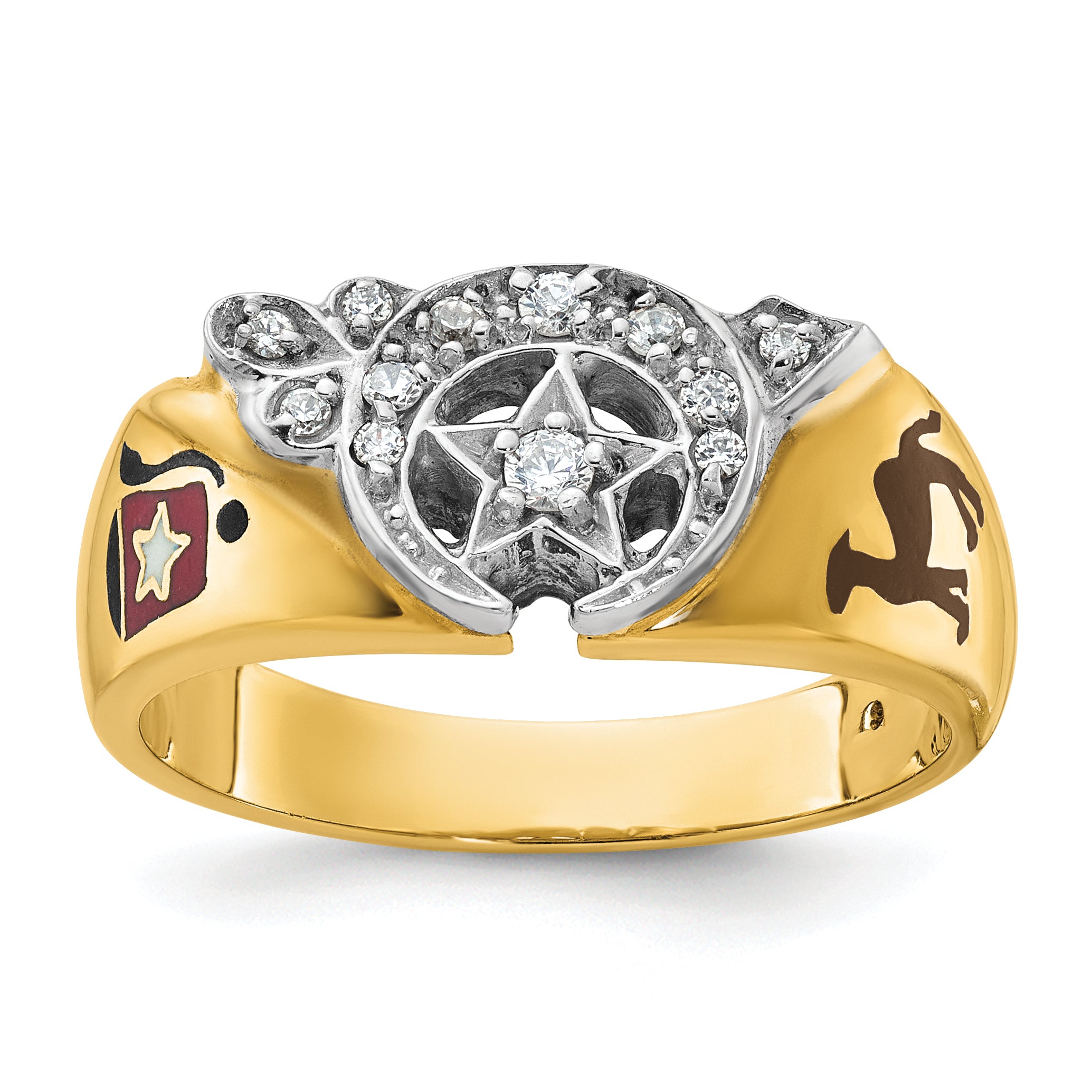 10k Two-tone Men's Polished with Multi-color Enamel and Diamond Masonic Shriner's Ring