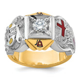10k Two-tone Men's Polished and Textured with Multi-color Enamel and Diamond Knights Templar Masonic Shriner's Ring