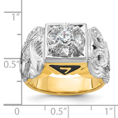 14k Two-tone Men's Polished and Textured with Black Enamel and Diamond Double Eagle Masonic Shriner's Ring