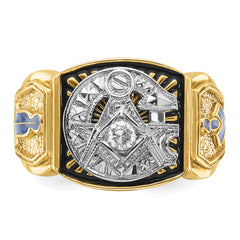 10k Two-tone Men's Polished and Textured with Blue and Black Enamel Diamond Blue Lodge Master Masonic Ring