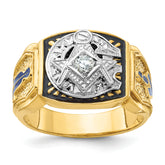 10k Two-tone Men's Polished and Textured with Blue and Black Enamel Diamond Blue Lodge Master Masonic Ring
