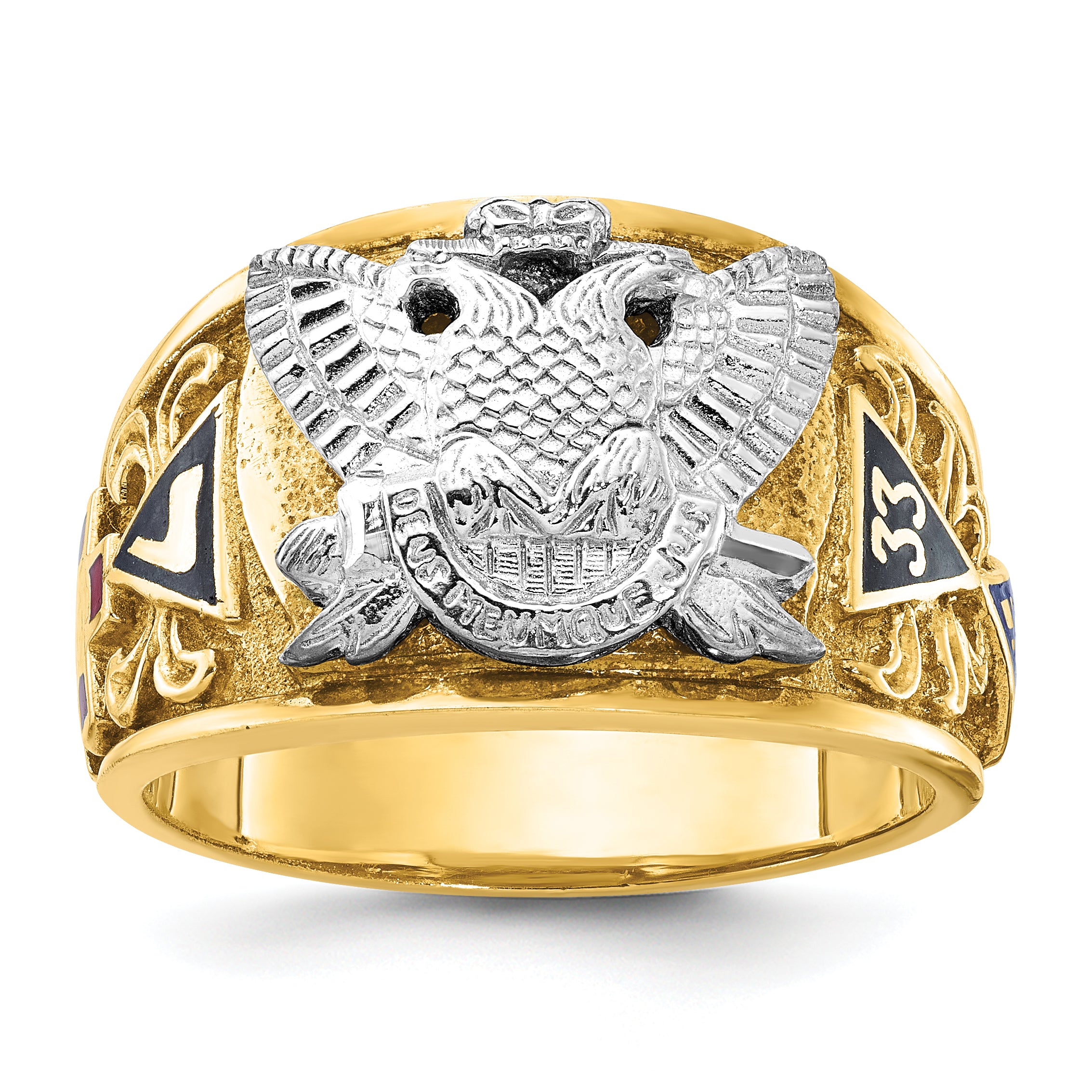10k Two-tone Men's Polished and Textured with Multi-color Enamel Active 33rd Degree Masonic Ring