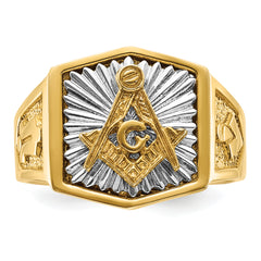 14k Two-tone Men's Polished and Textured Sun Ray Blue Lodge Master Masonic Ring
