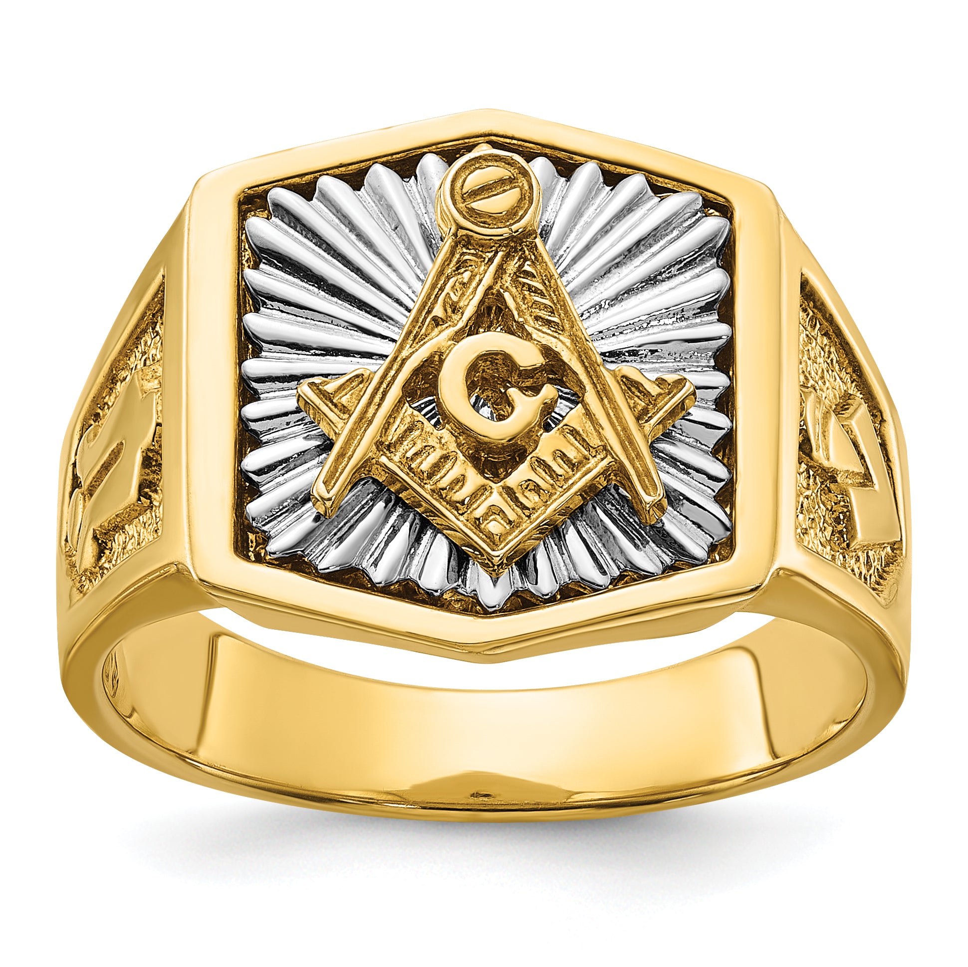 14k Two-tone Men's Polished and Textured Sun Ray Blue Lodge Master Masonic Ring