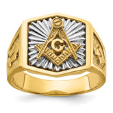 14k Two-tone Men's Polished and Textured Sun Ray Blue Lodge Master Masonic Ring