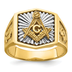 14k Two-tone Men's Polished and Textured Sun Ray Blue Lodge Master Masonic Ring