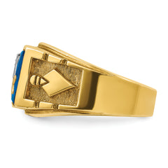 14k Two-tone Men's Polished and Textured with Lab Created Sapphire and Diamond Blue Lodge Master Masonic Ring
