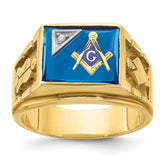 14k Two-tone Men's Polished and Textured with Lab Created Sapphire and Diamond Blue Lodge Master Masonic Ring