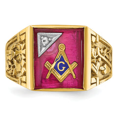 10k Two-tone Men's Polished and Textured with Lab Created Ruby and Diamond Blue Lodge Master Masonic Ring